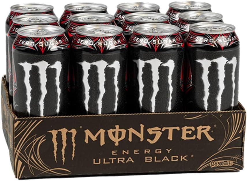 Monster Energy Ultra Black® Carbonated Energy Drink L-Carnitine + Zero Sugar + Taurine, 500.1 ml/500 ml, Pack of 12