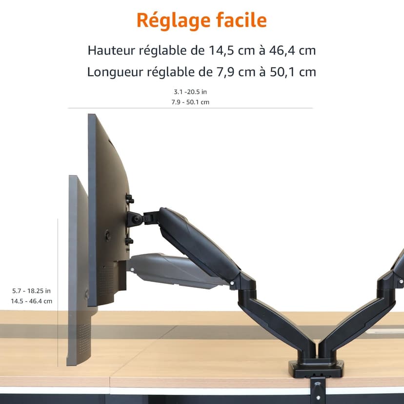 Amazon Basics Support à deux bras réglables à ressort à gaz pour écrans, peut accueillir des écrans allant jusqu’à 27" (68.6 cm), Noir - 5