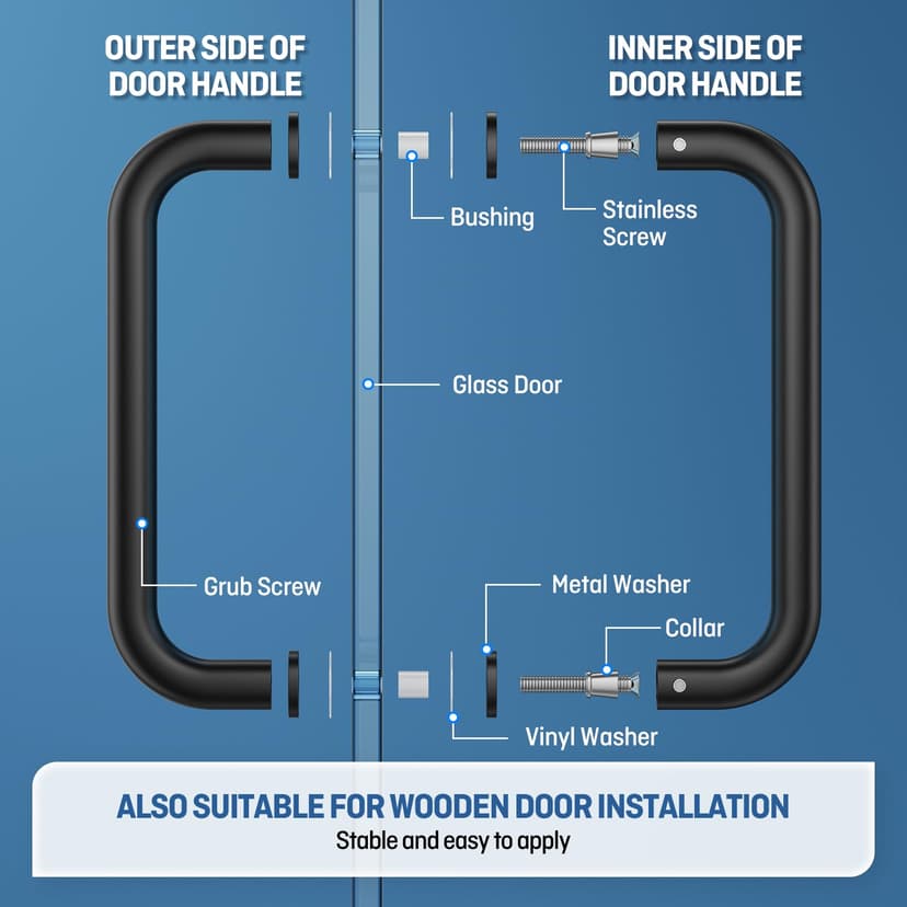 Ranbo Shower Glass Door Handle, 203mm (8 Inch) Hole Centres, Matt Black, 304 Stainless Steel, 1.0mm Thick Tube, Fits 6–12mm (1/4"–1/2") Glass, for Bathroom Door Installation or Replacement. - 6