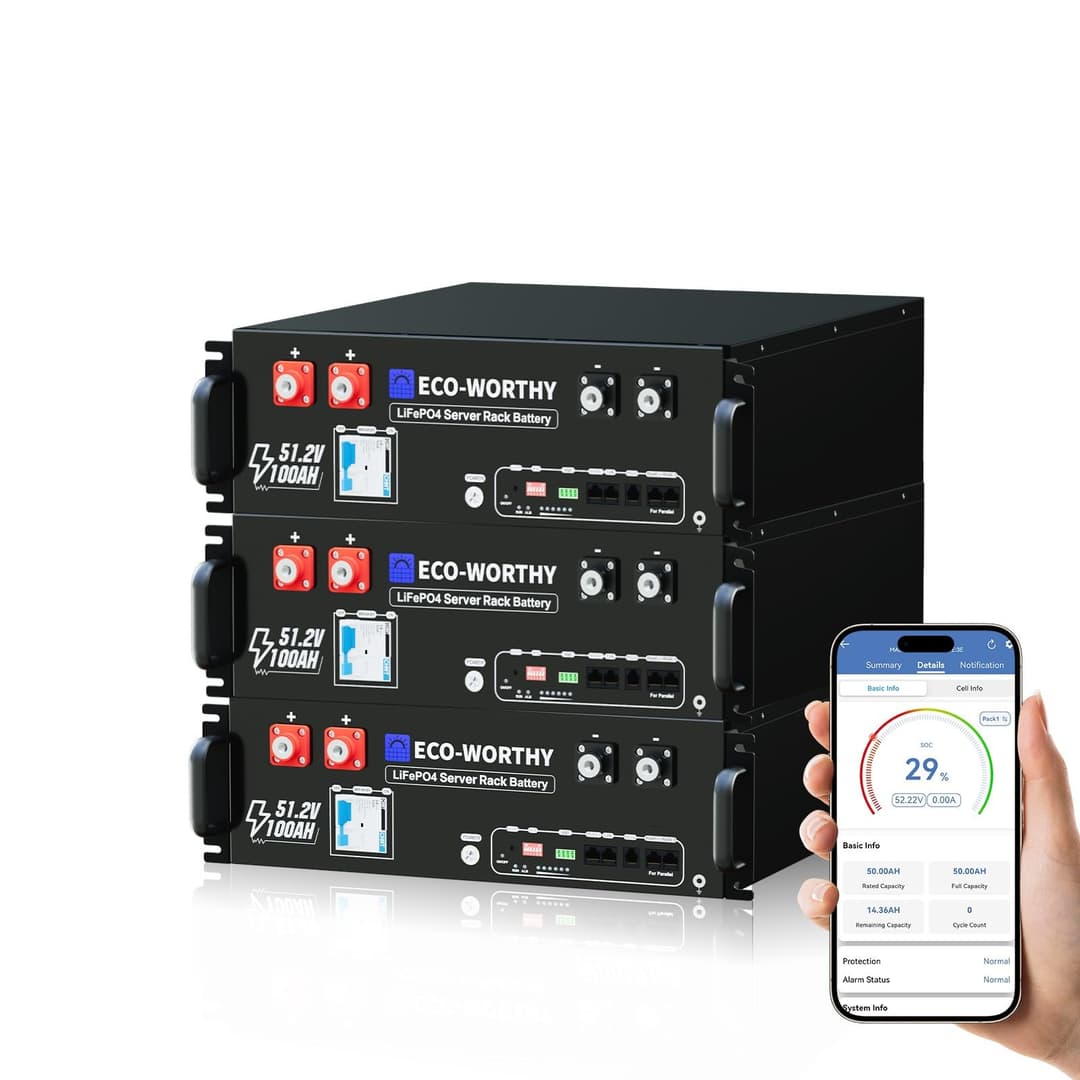 ECO-WORTHY Batterie Lithium 48V 100Ah*3 Bluetooth avec BMS 100A, LiFePO4 15,36kWh 3U pour Rack de Serveur avec Prise en Charge Can&RS485 pour système Solaire Complet, système photovoltaïque