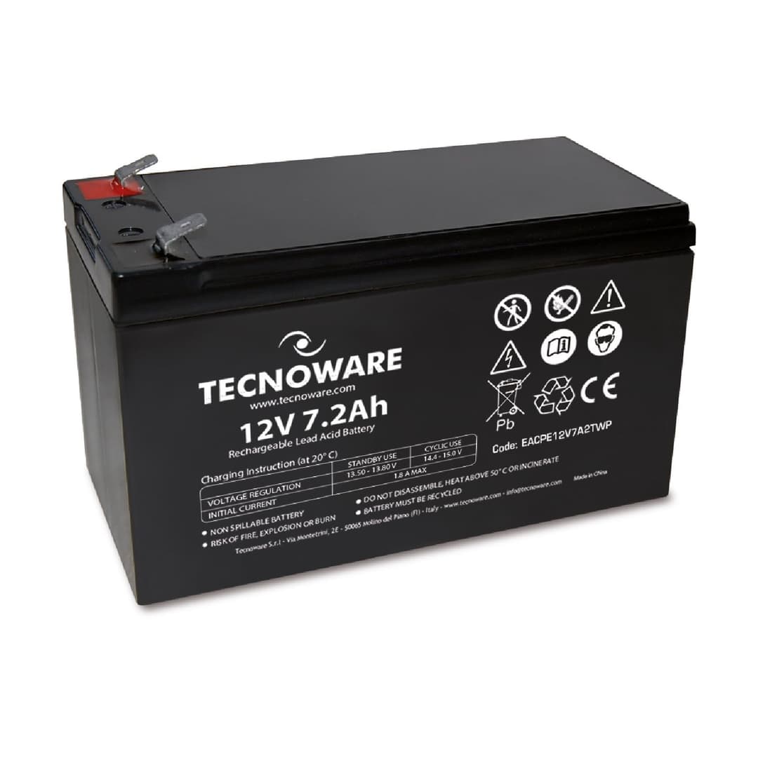 Tecnoware Power Systems - 12V Charge 7.2 Ah Lead-Acid Sealed Battery, for UPS, Video Surveillance and Alarm Systems, 2.5 Inch Faston Connection, Long Lasting, No Maintenance, Bianco, Size 7.2 Ah