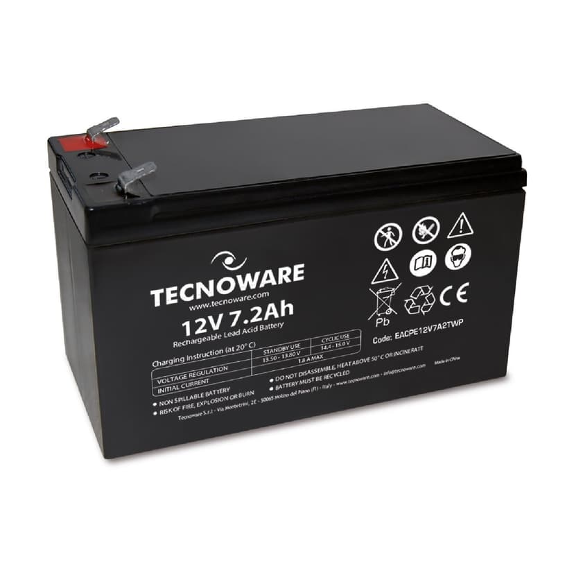 Tecnoware Power Systems - 12V Charge 7.2 Ah Lead-Acid Sealed Battery, for UPS, Video Surveillance and Alarm Systems, 2.5 Inch Faston Connection, Long Lasting, No Maintenance, Bianco, Size 7.2 Ah - 1