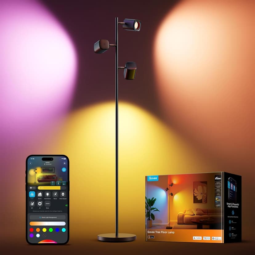 Govee Tree LED Floor Lamp, RGBWW 3-Head Focus Adjustable Standing Corner Lamp, Work with Matter Alexa, 64+ Scenes, Music Sync, 157cm Black Floor Lamps for Living Room, Bedroom, Reading Room - 1