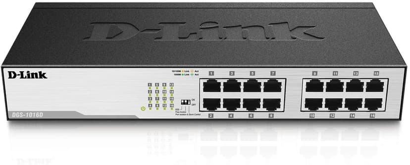 D-Link DGS-1016D 16-Port Green Ethernet Copper Gigabit Switch, Hub, Internet Splitter, Metal, Fanless, Plug and Play - UK Model, black DGS-1016D - 1