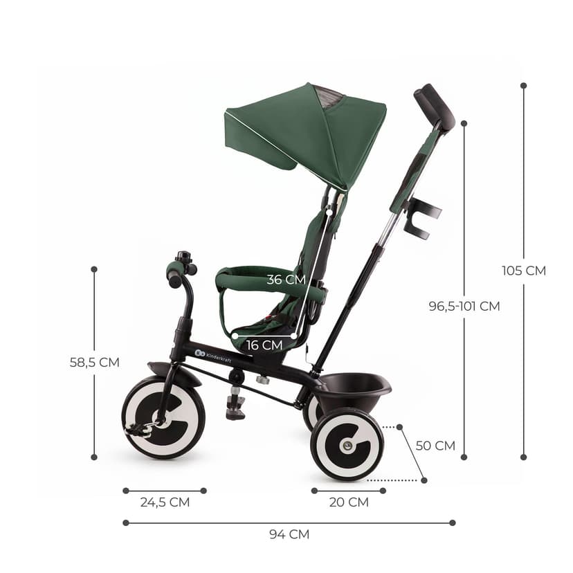 Kinderkraft Aston Tricycle, Baby Push Trike, Kids First Bike, Free Wheel Functions, Parenthandle, Footrest, Accessories, Bag, Cupholder, from 9 Months to 5 Years, Green - 8