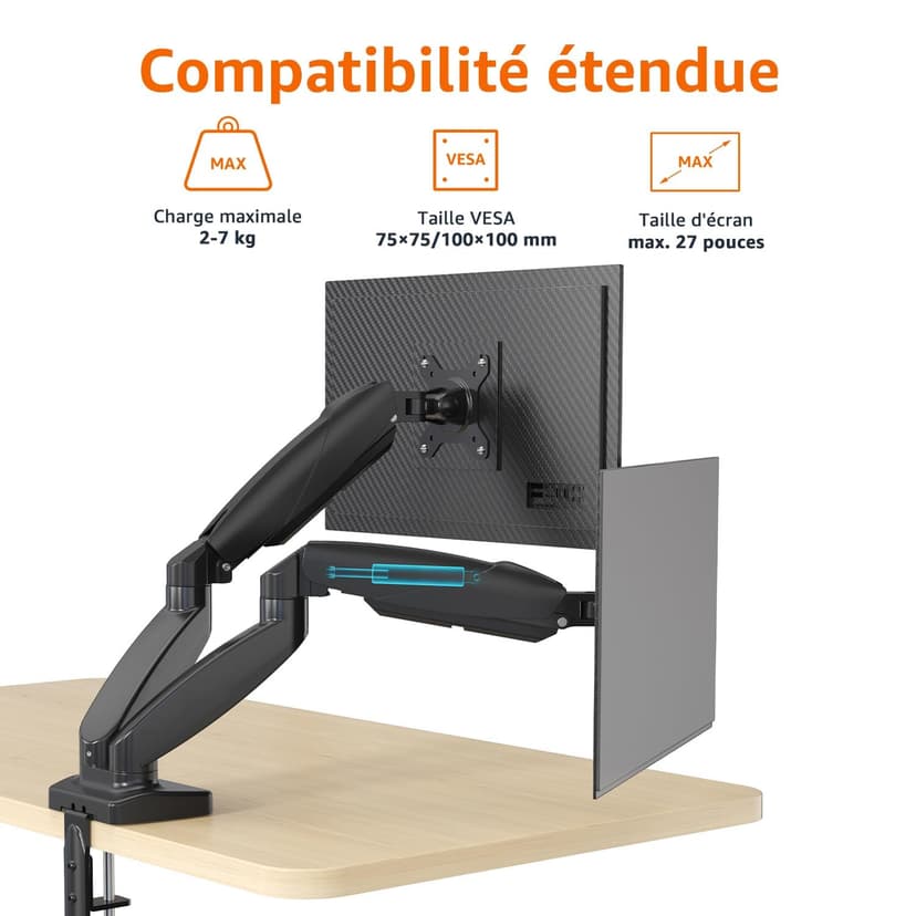 Amazon Basics Support à deux bras réglables à ressort à gaz pour écrans, peut accueillir des écrans allant jusqu’à 27" (68.6 cm), Noir - 3