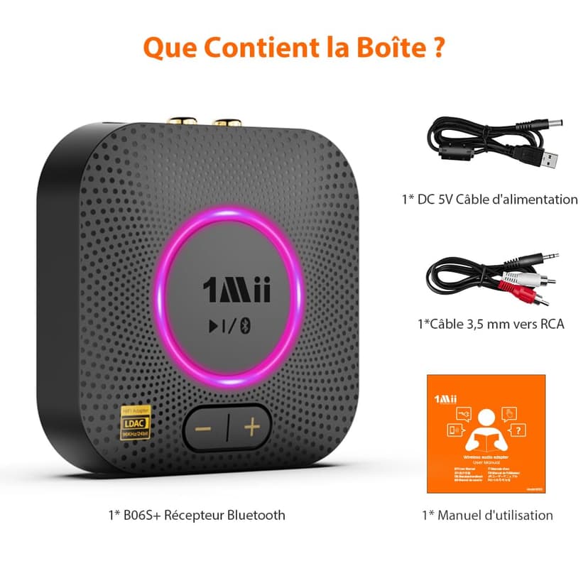 1Mii B06S+ LDAC Recepteur Bluetooth 5.3 pour la Musique Haute Résolution Stéréo à Domicile, Adaptateur Audio sans Fil Hi-FI avec aptX HD/Faible Latence, Recepteur de Contrôle du Volume Longue Portée - 7