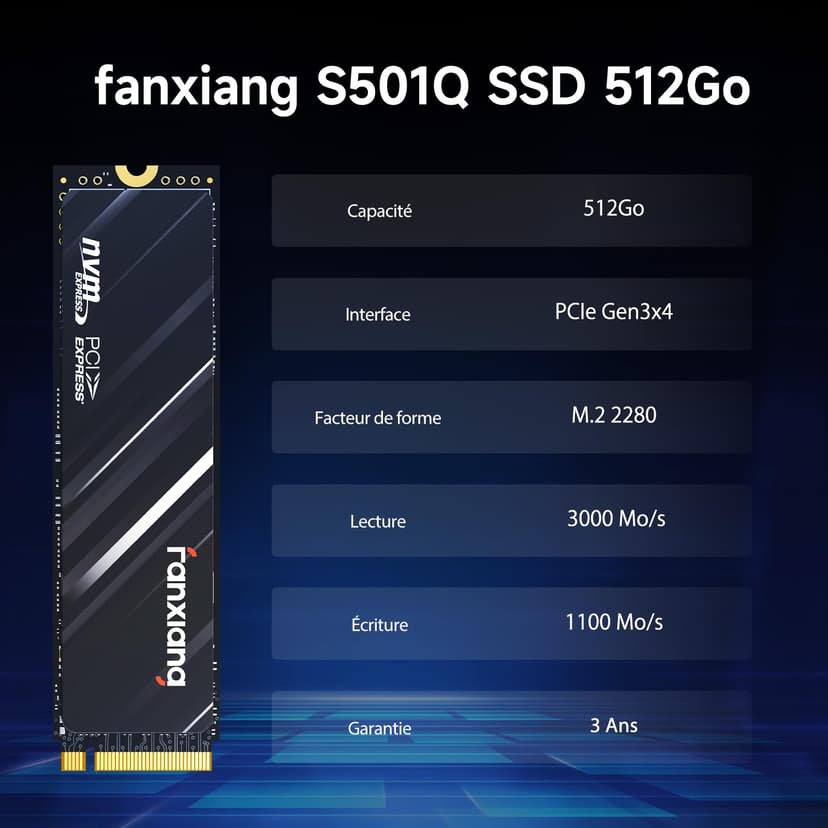 fanxiang NVMe M.2 2280 SSD 500GB, Up to 3200MB/s, PCIe Gen3 x4, Compatible with Windows/Mac OS - S501Q - 5
