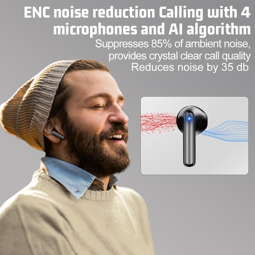 Wireless Earbuds Bluetooth Earphones, 60H Deep Bass Ear Buds with 6 Noise Cancelling Microphone, IP5 Waterproof in Ear Headphones for iPhone Android Sports Gaming (Black) - 2