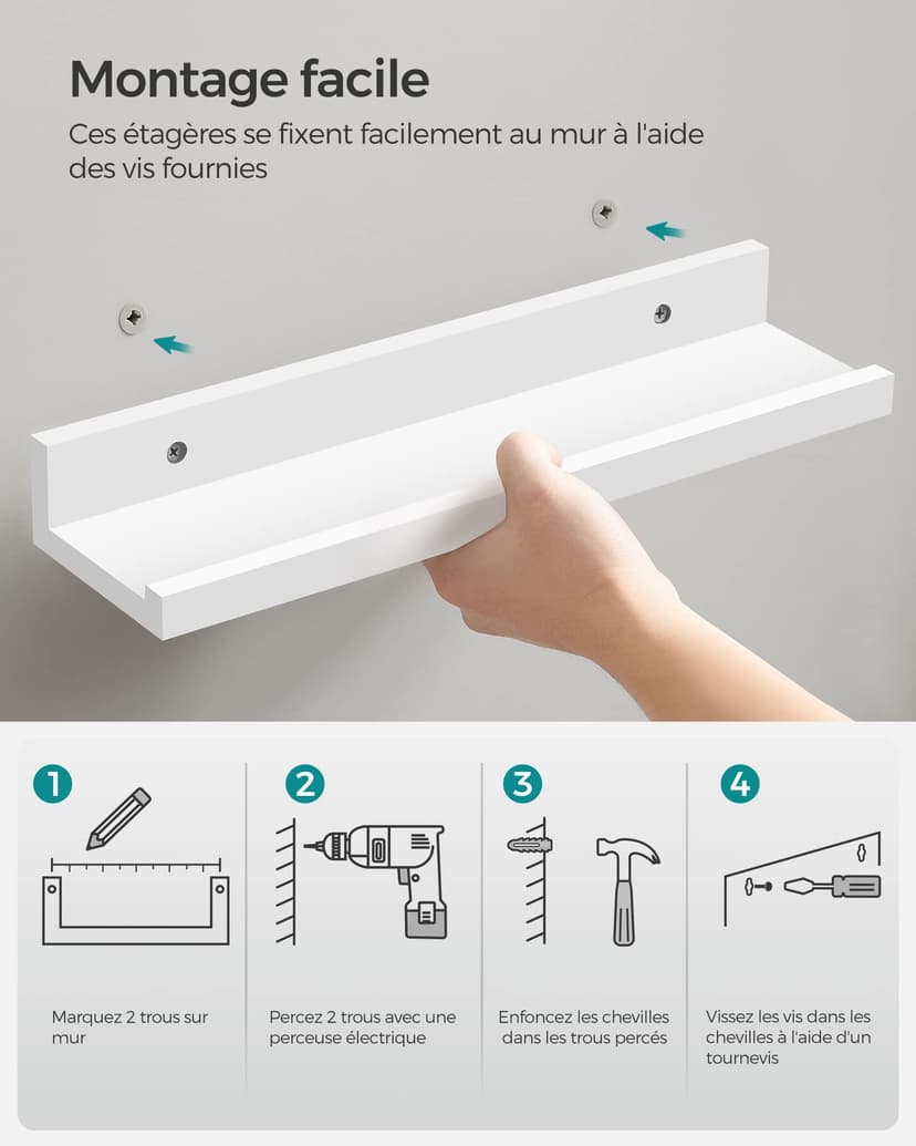 SONGMICS Wall Shelf 3 Set Floating Shelves Ledge for Picture Frames and Books, 38 x 10 cm, MDF White LWS38WT - 9