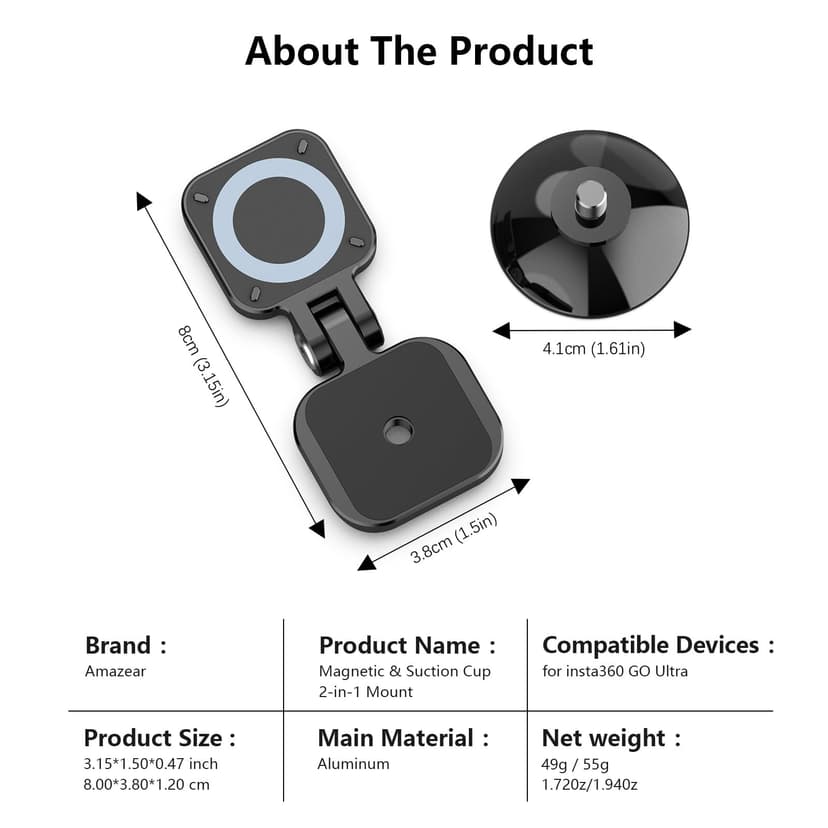 AMAZEAR 2-in-1 Quick Mount for Insta360 GO Ultra Accessories, Metal Bracket Insta 360 Magnetic and Suction Cup Adapter Holder with Super-Strong Magnets, Seamless, Compact, Lightweight, Black - 8