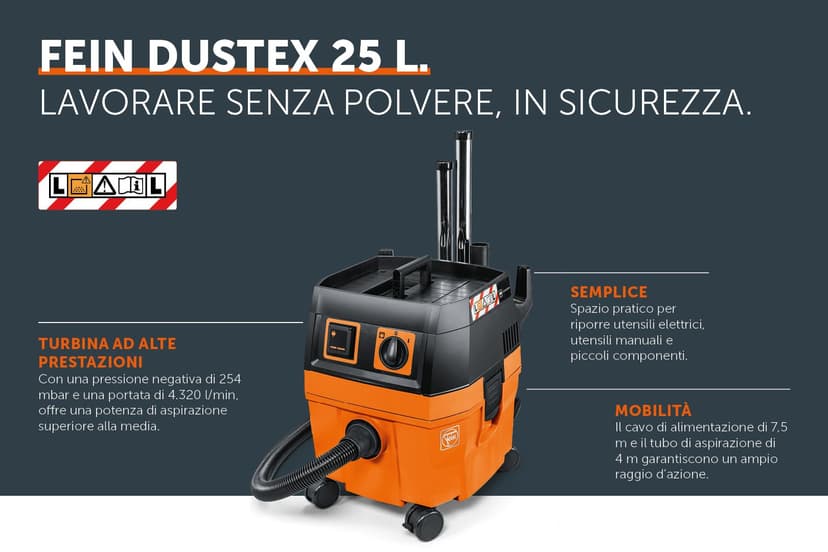 FEIN Dustex 35 MX AC 92032060000 Wet Vacuum Cleaner/Dry Vacuum Cleaner with Integrated Socket, 7.5 m Power Cable, 4 m Suction Hose and 35 Litre Container | 1380 W, 254 mbar - 6
