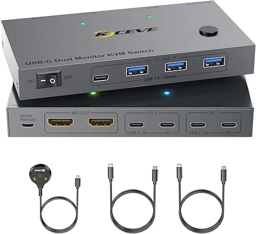 Commutateur KVM USB C 2 moniteurs 2 ordinateurs portables, double moniteur USB Type C Commutateur KVM prend en charge 4K @ 60Hz pour 2 ordinateurs partagent clavier, souris et moniteur