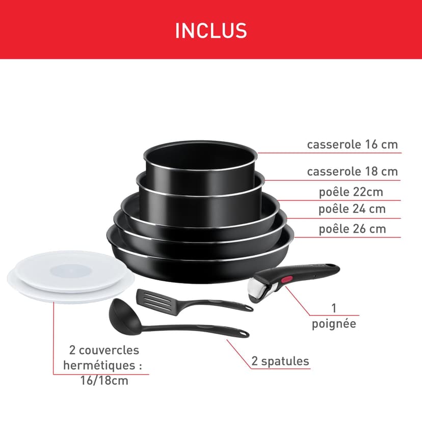 Tefal Ingenio Batterie de cuisine 10 pièces, Poêles, Casseroles, Couvercles, Poignée, Non induction, Revêtement antiadhésif, Empilable, Compatible lave-vaisselle, Fabriqué en France, Easy On L1599902 - 8