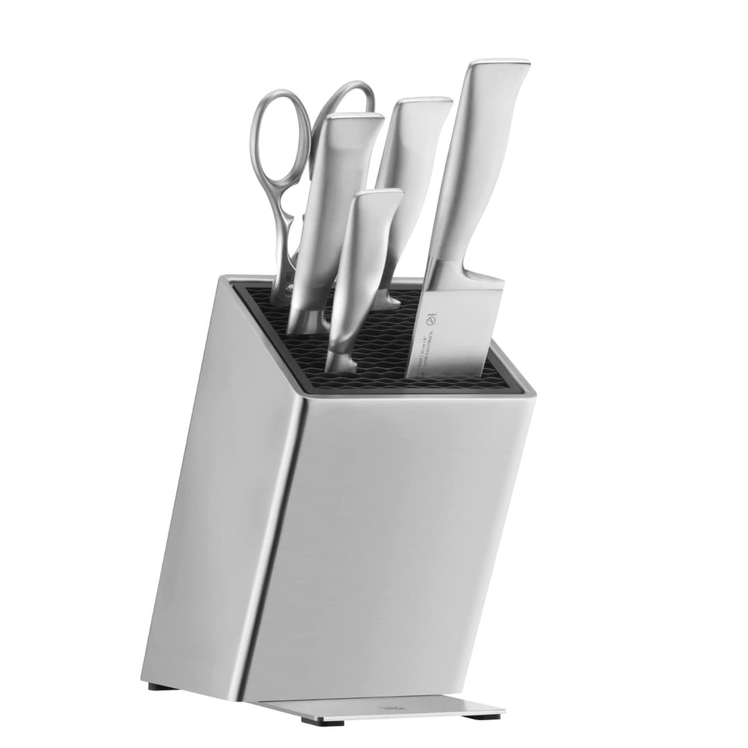 WMF Grand Gourmet Jeu de 6 pièces, 4 couteaux forgés et ciseaux, fabriqués en Allemagne, avec support FlexTec en acier inoxydable