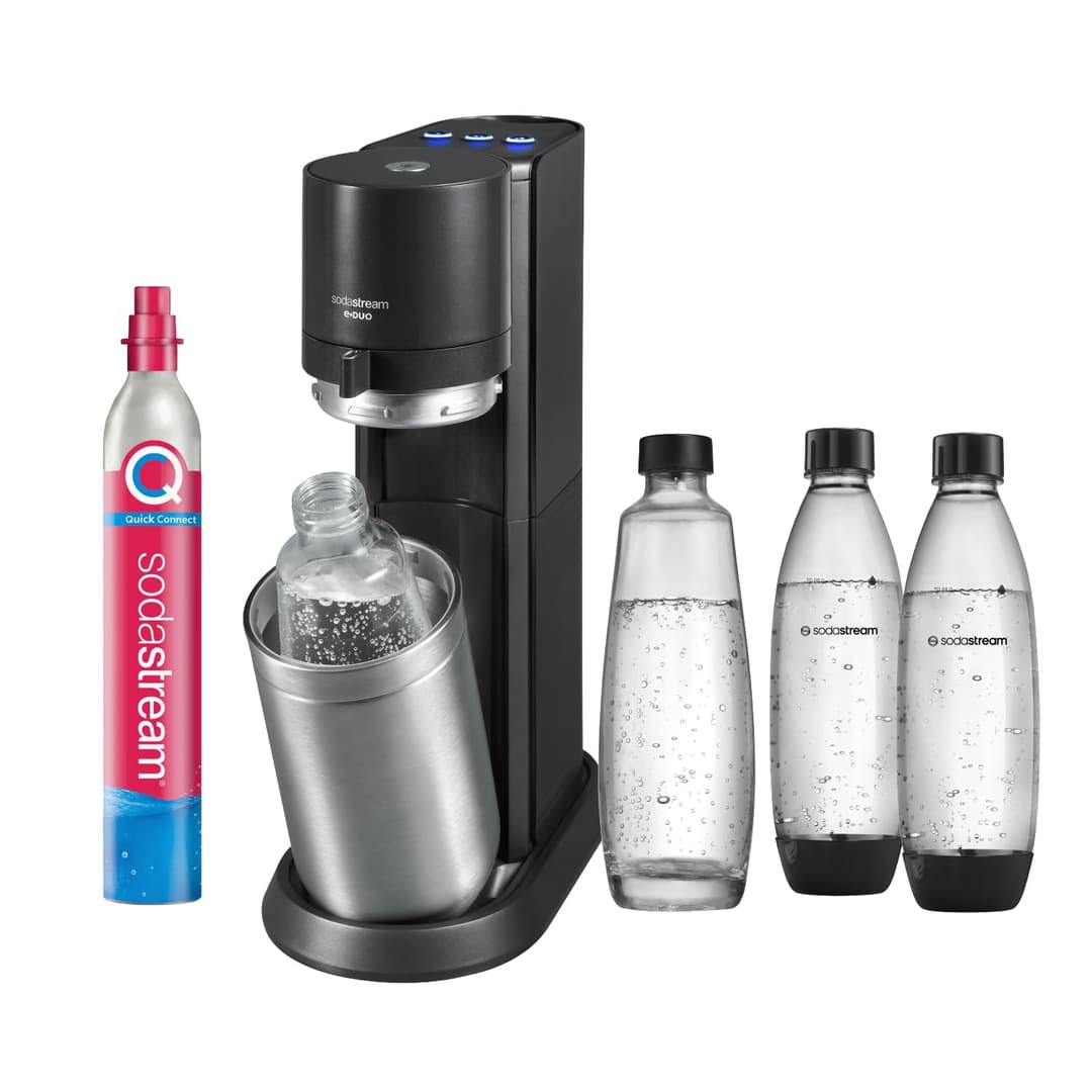 SodaStream E-Duo, Electric Water Bubbles with CO2 Cylinder, Glass Bottle and 2 x 1L Dishwasher Safe Plastic Bottle, Height: 44cm, Colour: Titanium