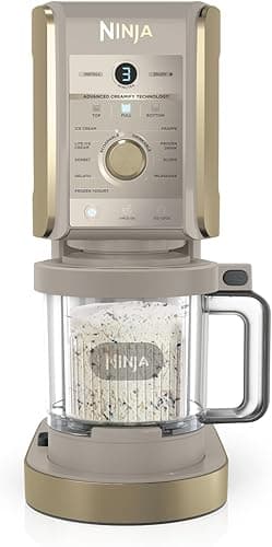 Ninja CREAMi Deluxe Machine a glace et sorbetière, 2 bacs, 10 fonctions, crème glacée, yaourts glacés, des milkshakes, des slush, Pièces amovibles lavables au lave-vaisselle, Stone/Or NC502EUSTGD