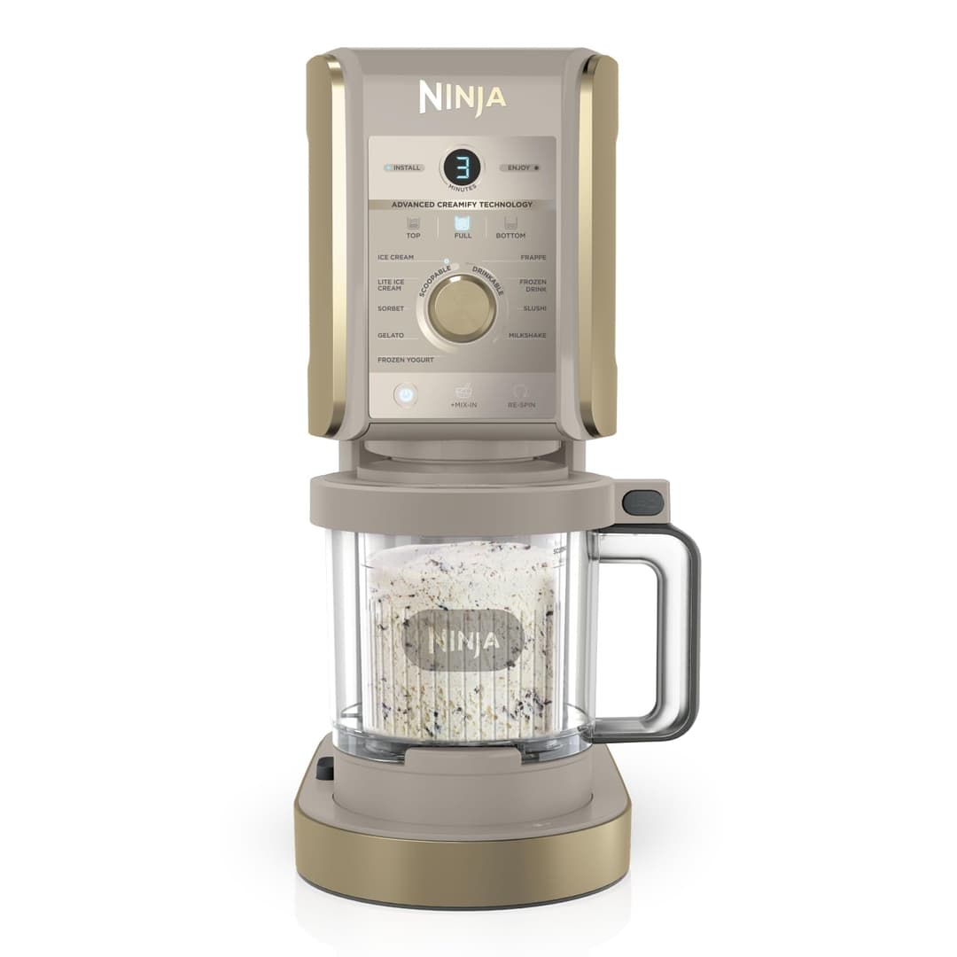 Ninja CREAMi Deluxe Machine a glace et sorbetière, 2 bacs, 10 fonctions, crème glacée, yaourts glacés, des milkshakes, des slush, Pièces amovibles lavables au lave-vaisselle, Stone/Or NC502EUSTGD