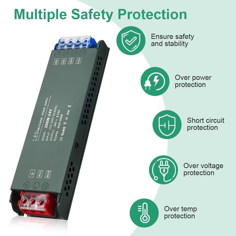 URAQT 24V LED Driver 200W LED Transformer, 220V to 24V Power Transformer, AC 220V to DC 24 Volt 8.33A Compact Ultra-Thin Constant Voltage Low Voltage Transformers for Strip Lights Garden Light - 5