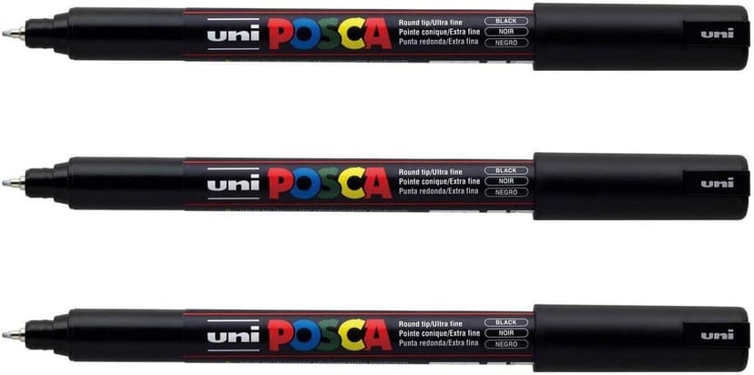 POSCA - 3 Marqueurs Noirs PC1MR - Pointe Calibrée Extra Fine 0,7 mm - Marqueur Acrylique Peinture à Base d'Eau et Pigments - Mitsubishi Pencil - Tout Support - 1