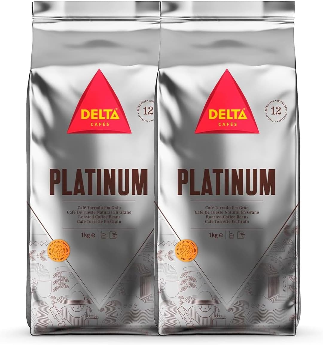 Delta Cafés Platinum Whole Bean Coffee 1kg - Pack of 2, Intensity 12, Arabica-Robusta Blend
