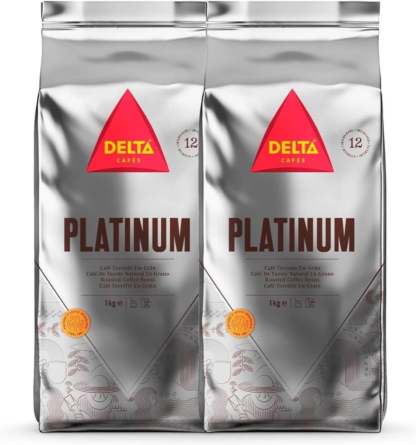 Delta Cafés Platinum Whole Bean Coffee 1kg - Pack of 2, Intensity 12, Arabica-Robusta Blend - 1