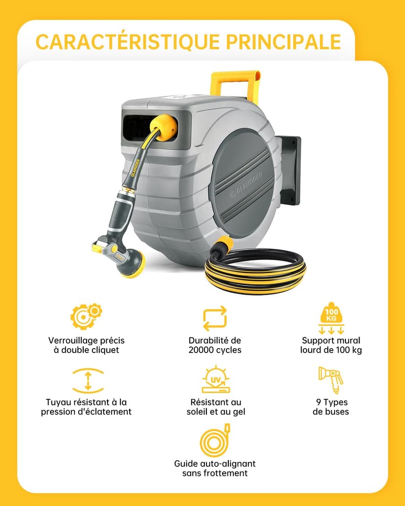 GLAHODEN Retractable Garden Hose Reel 1/2 in x 140 ft, 2025 Upgraded Dual Ratchet Lock UV & Freeze Protection Brass Seal Slow Retraction Anti-Tangle Hose 180°Swivel Reinforced Scaffold Wall Mount - 2