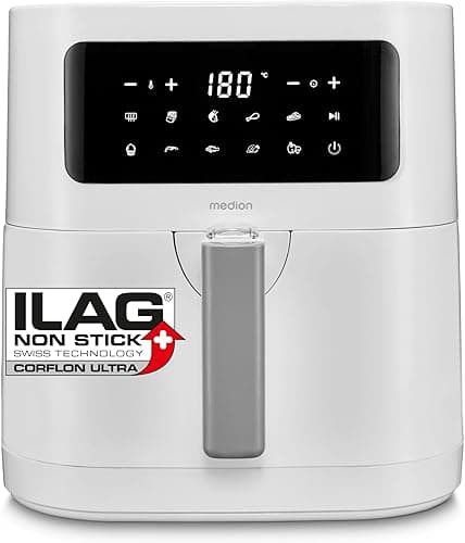 MEDION E40 XL Friteuse à air chaud (panier à friture XXL de 5,3 litres, 2 150 watts, 9 programmes automatiques, fonction cuisson, friture sans huile, panneau de commande tactile, affichage LED) blanc