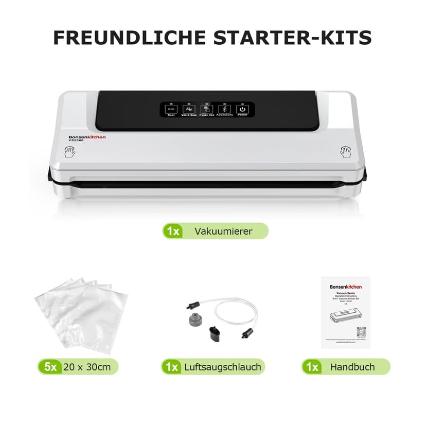 Bonsenkitchen Vacuum Sealer, Continuous High-Speed Vacuum Sealer, Food Sealing Machine, Includes 5 Vacuum Bags and Hose (White) - 5