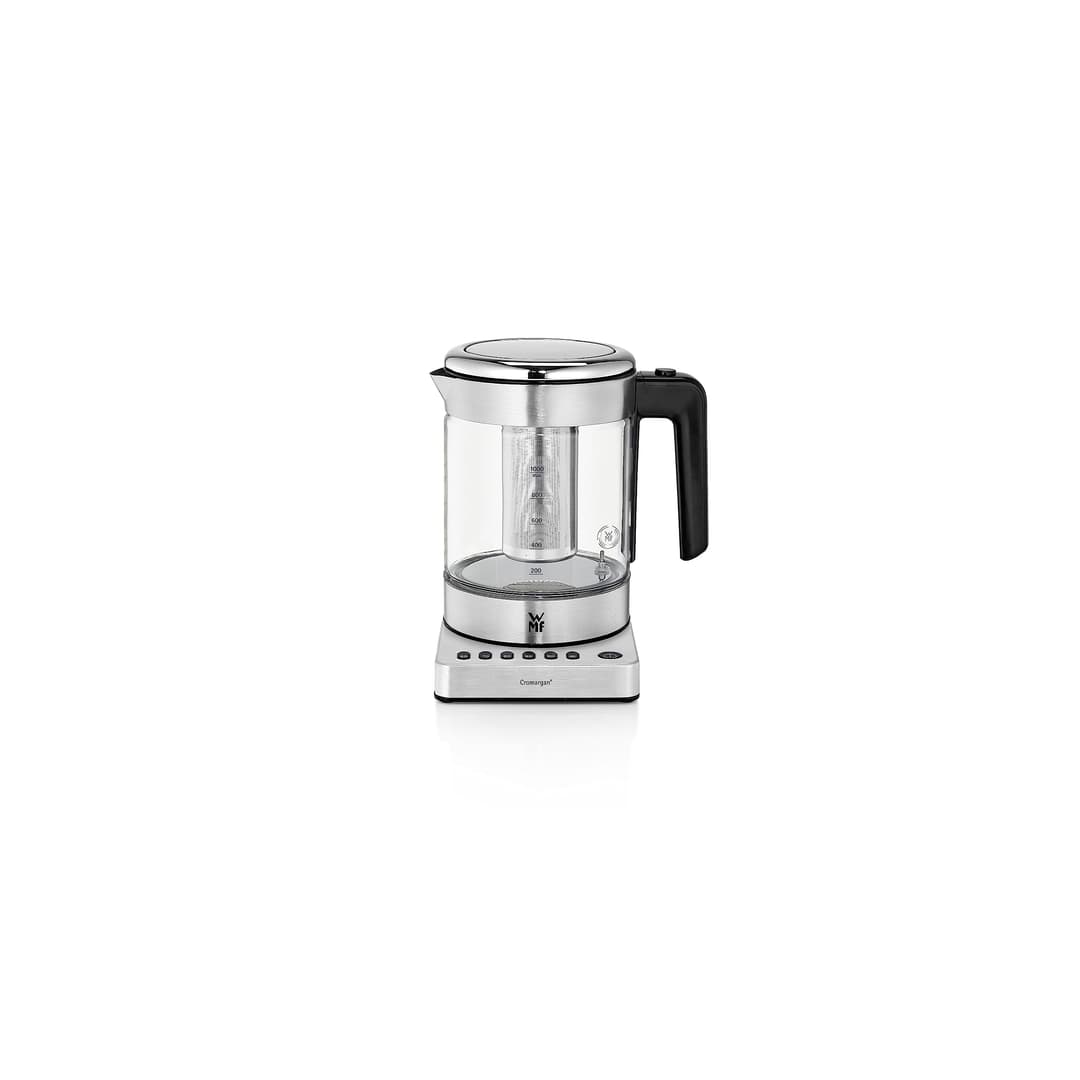 WMF KITCHENminis Bouilloire théière électrique en verre, 1 L, 1900 W, 5 niveaux de température, Maintien au chaud, Sans Fil, Qualité Schott Duran, Filtre thé intégré, Design Inox & Compact 0413180012