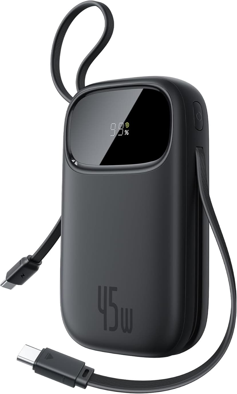 Baseus Powerbank 20000mAh 45W with Integrated USB-C Cable, Power Bank PD3.0 QC4.0 Fast Charging Battery Pack, 3 C and 1 A, Portable Charger for iPhone 17/Air/16/15/14 Pro Max, iPad, Galaxy, Black - 1