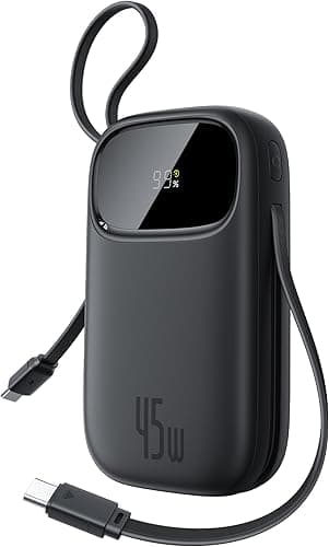 Baseus Powerbank 20000mAh 45W with Integrated USB-C Cable, Power Bank PD3.0 QC4.0 Fast Charging Battery Pack, 3 C and 1 A, Portable Charger for iPhone 17/Air/16/15/14 Pro Max, iPad, Galaxy, Black