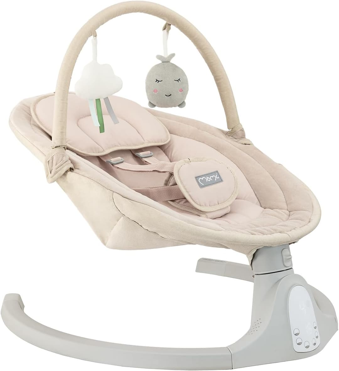 Balancelle MoMi KENANI SAND jusqu'à 9 kg, écran LED, télécommande, Bluetooth pour smartphone, alimentation piles/secteur, harnais de sécurité 5 points, arche et jouets