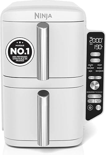 NINJA Double Stack XL Air Fryer, Friteuse sans huile Verticale Double Tiroir 4 Niveaux de Cuisson, 2 Tiroirs, 2 Grilles, Capacité de 9,5 L, 6 Fonctions, 8 Portions, Pinces, Blanc SL400EUWH