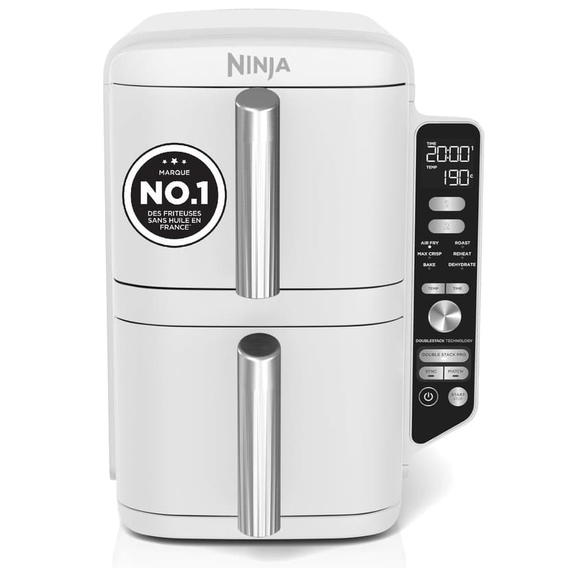 NINJA Double Stack XL Air Fryer, Friteuse sans huile Verticale Double Tiroir 4 Niveaux de Cuisson, 2 Tiroirs, 2 Grilles, Capacité de 9,5 L, 6 Fonctions, 8 Portions, Pinces, Blanc SL400EUWH - 1