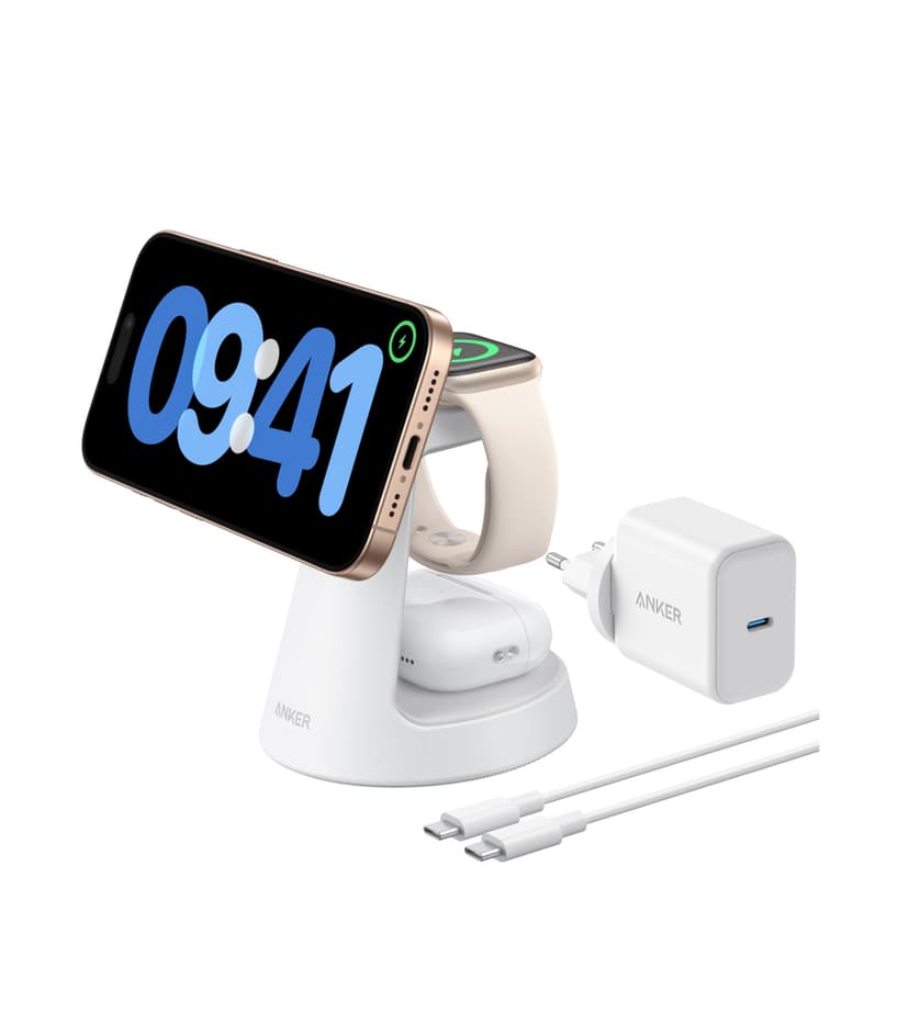 Anker MagGo Chargeur Induction iPhone 3 en 1 MagSafe 15W (Socle), Chargeur sans Fil Certifié Qi2 Compatible MagSafe, pour iPhone 17/16/15/14, Apple Watch, AirPods Pro, et Plus (Adaptateur fourni) - 2