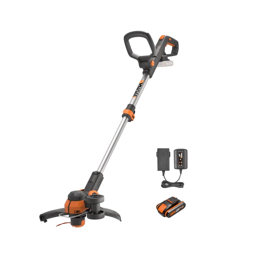 WORX Coupe-Bordures 2 en 1 sans Fil 20V WG163E.1, diamètre de 30 cm, se transforme en dresse-bordures, poignée Amovible, capot de protection, tête amovible 90°, livré avec une batterie 2Ah et chargeur - 1