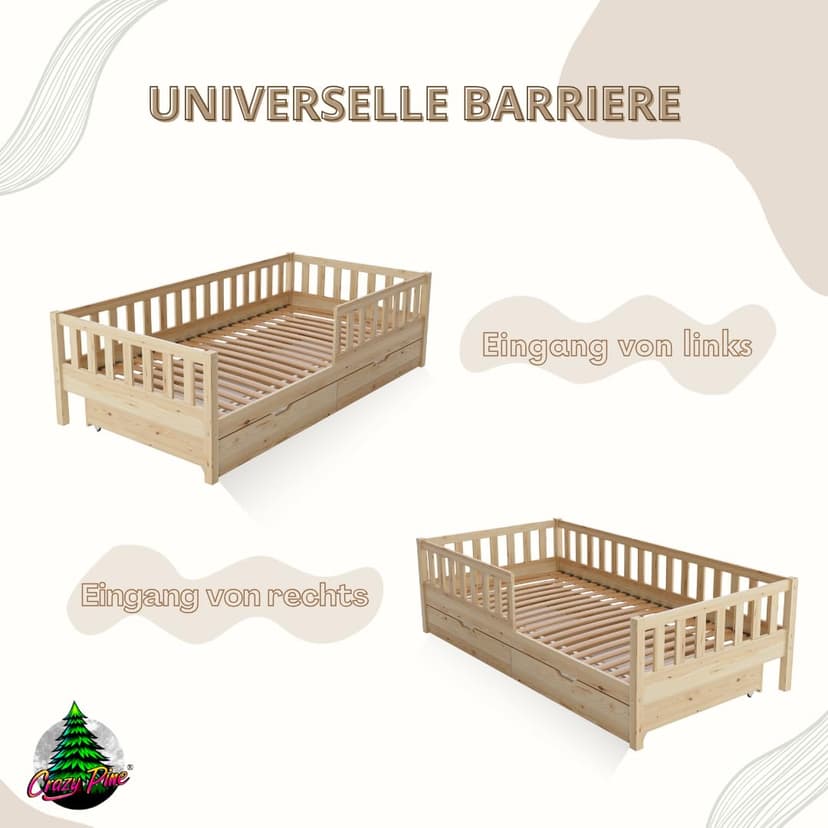Crazy Pine Lit Enfant avec Tiroirs 190x90 cm – Montessori au Sol en Bois Massif avec Barrière – Sécurisé pour Tout-Petit – Design Scandinave, Montage Facile - Crazy Basic - 8