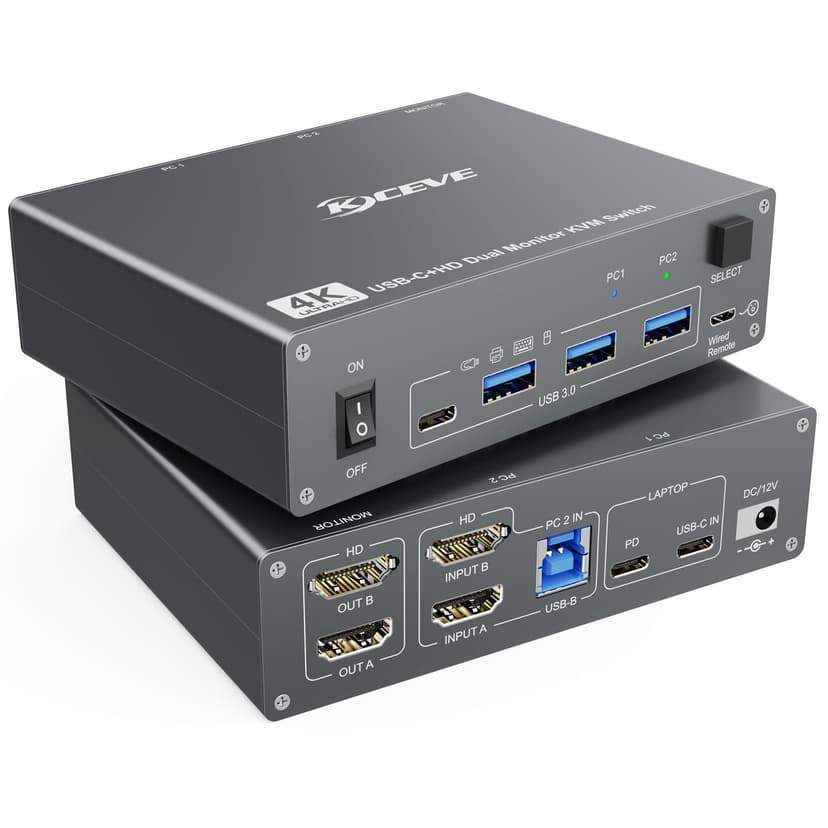 KVM Commutateur 2 PC 2 moniteurs HDMI USB C Double moniteur USB 3.0 Type C Commutateur 4K @ 60Hz pour 2 ordinateurs, clavier et souris Utilisation commune - 1