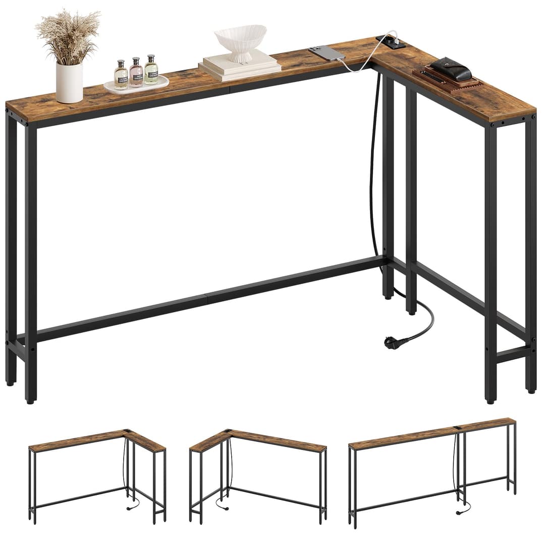 YATINEY Table Console, Bout de Canapé de 15 cm Long, Table d’Entrée avec 1 Prise et 2 Ports USB, pour Salon, Couloir, derrière Le canapé, 3 dispositions, Marron Rustique et Noir XCT07CBR