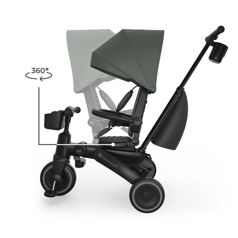 Kinderkraft JAZZ 3 Tricycle Bike, 360° Rotating Seat, Reclining Seat, Foldable Frame, UPF 50+ Canopy, Parent Control Handle, Balance Bike Function, Green - 6