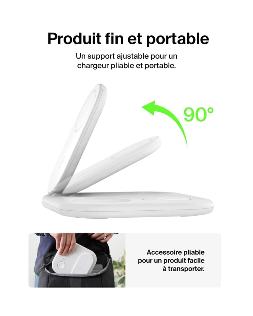 Belkin BoostCharge Socle de Recharge 2-en-1 aimanté et Pliable Qi2, 15W, Compatible MagSafe Chargeur sans Fil, Recharge Rapide, Apple iPhone 17, iPhone Air, Pixelsnap, Adaptateur Inclus - Blanc - 5