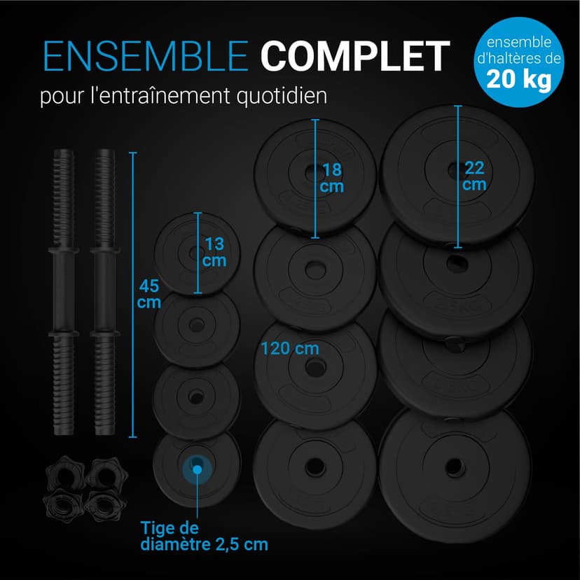 ArtSport Ensemble d'haltères 20 kg – Ensemble d'entraînement de musculation avec 2 haltères courts, 12 disques d'haltères, 4 fermetures en étoile et poignées antidérapantes pour la maison - 5
