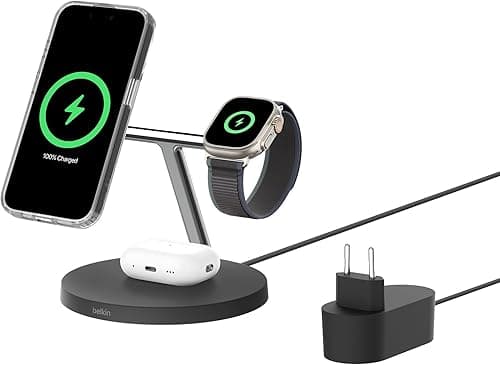Belkin BoostCharge 3-in-1 Qi2 Charger, MagSafe Compatible Wireless Charging Station, Qi2 Wireless Charger for Apple iPhone 16 Series, Apple Watch, AirPods, with Non-Slip Base, with Power Adapter -