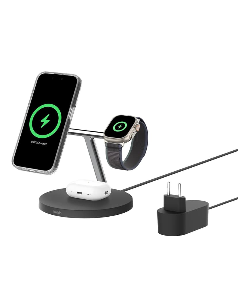 Belkin BoostCharge 3-in-1 Qi2 Charger, MagSafe Compatible Wireless Charging Station, Qi2 Wireless Charger for Apple iPhone 16 Series, Apple Watch, AirPods, with Non-Slip Base, with Power Adapter - - 1