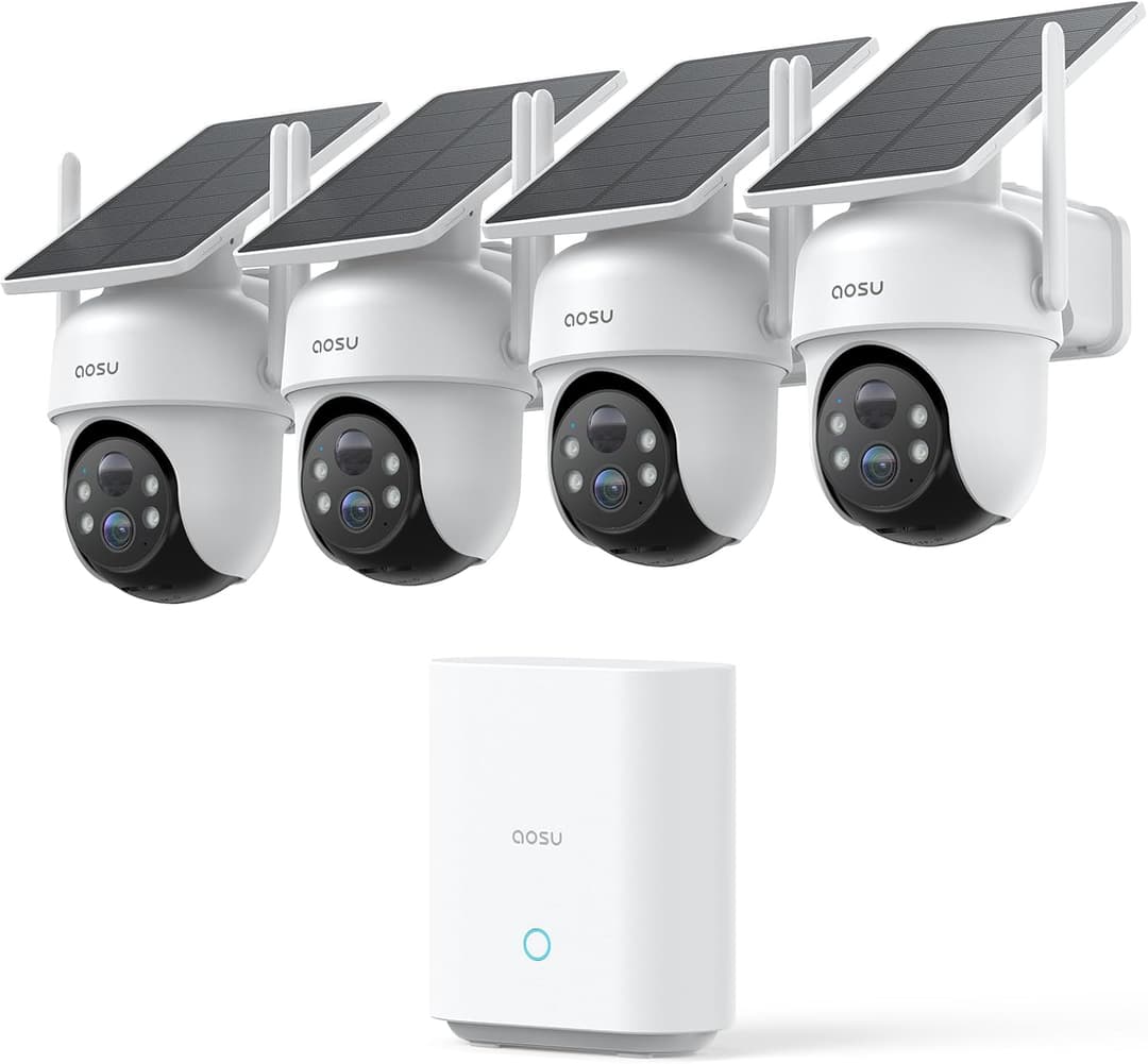 aosu 2K Wireless Solar Outdoor Camera, Kit of 4 Cameras with aosuBase, No Subscription, 360° Panoramic Auto-Tracking, Local 32GB, Alerts, Colour Night Vision, Wi-Fi 2.4/5GHz