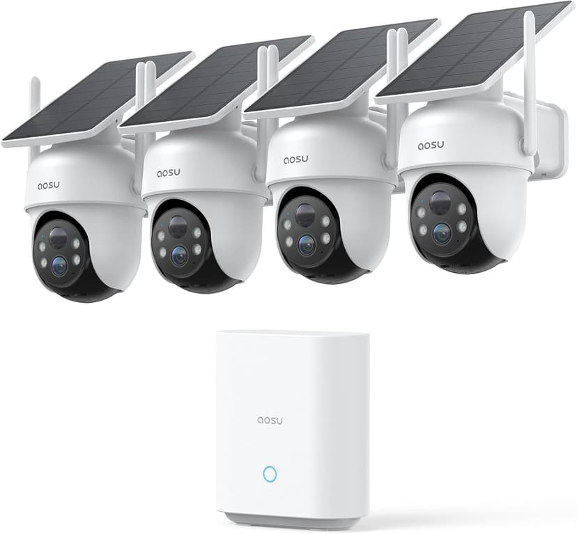 aosu 2K Telecamera Esterno Senza Fili Solare, Kit 4 Telecamere con aosuBase, Senza Abbonamento, 360° Panoramica Auto-Tracking, Locale da 32 GB, Avvisi, Visione Notturna a Colori, Wi-Fi 2,4/5GHz - 1