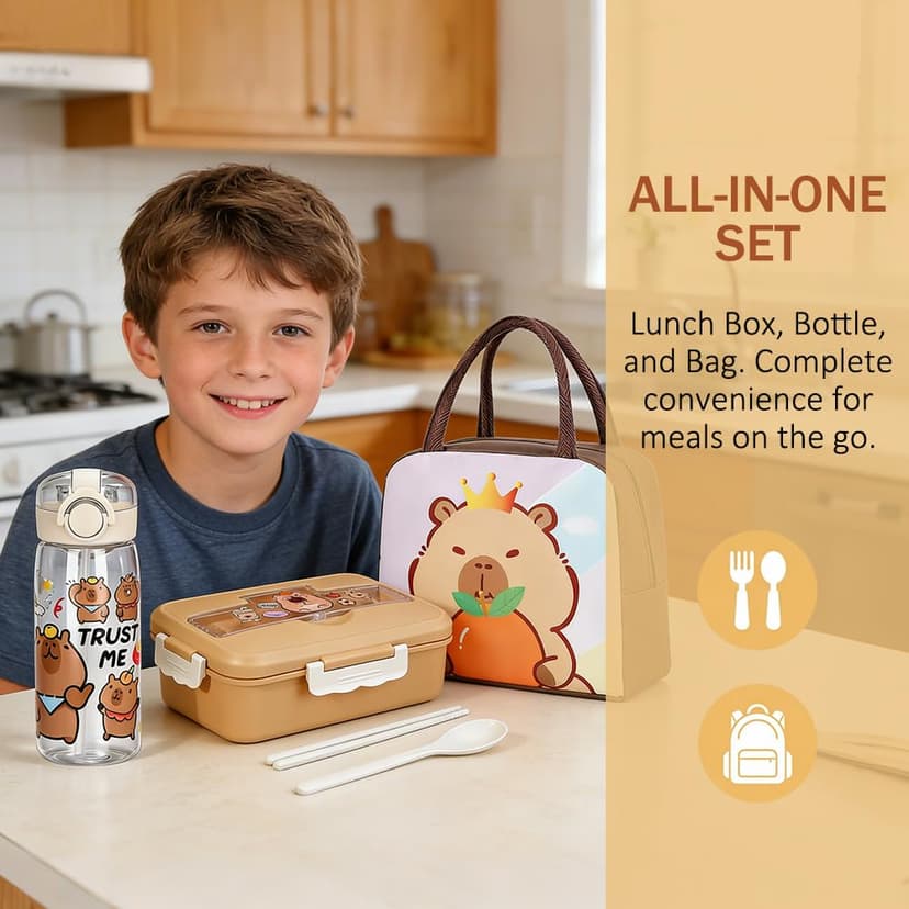 GVMJHYK Capybara Water Bottle with Bento Lunch Box, Pack of 3, Capybara Lunch Bag, Cartoon Animals Cute Water Bottle, Cartoon Lunch Box Children Suitable for Children School or Nursery (Capybara-C) - 4