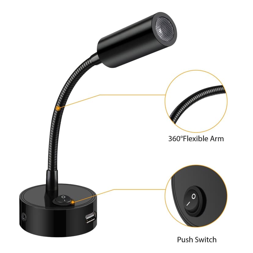 ERWEY 2pcs Lampes de Lecture LED 12V pour camping-car avec col de cygne flexible et port de charge USB 3000K blanc chaud DC 10-30V éclairage intérieur pour bateau caravane yacht, noir - 5