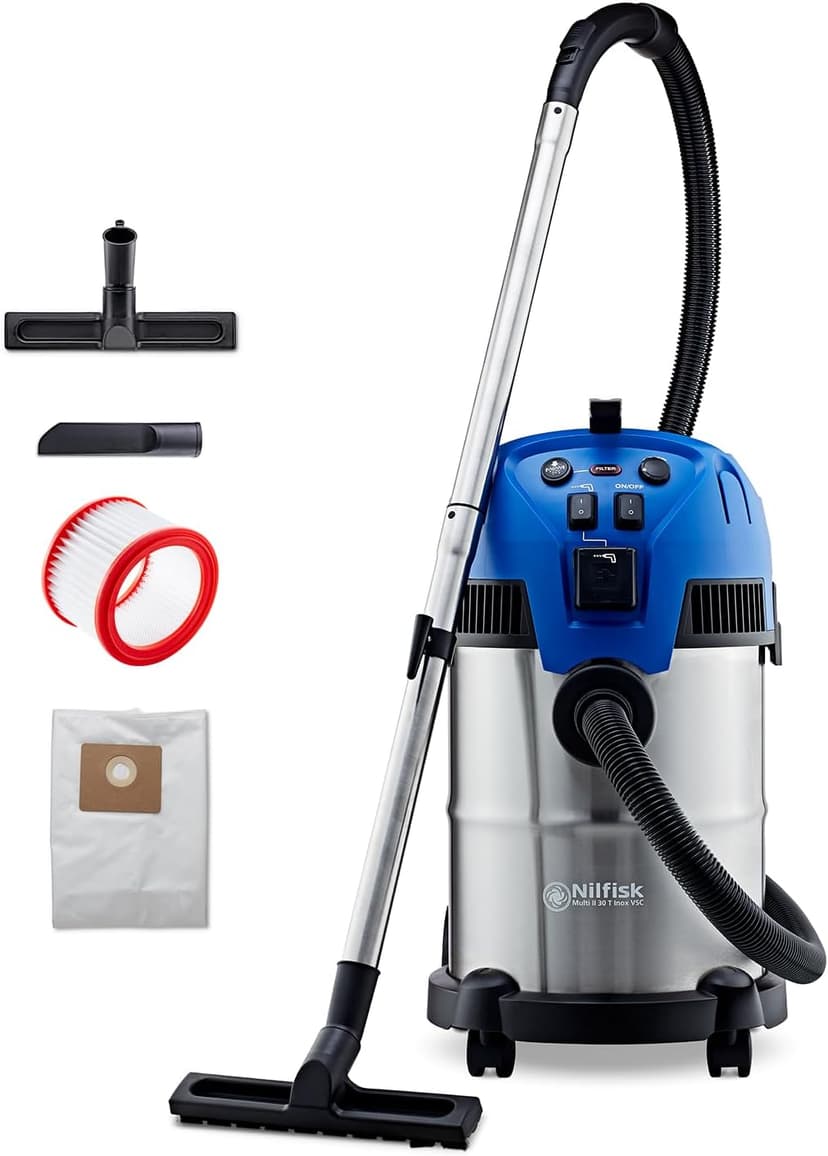 Nilfisk Multi II 30L T VSC INOX Aspirateur Eau et Poussière pour la Maison, Jardin et Voiture - Utilisation Intérieure et Extérieure (1400 W) - 1